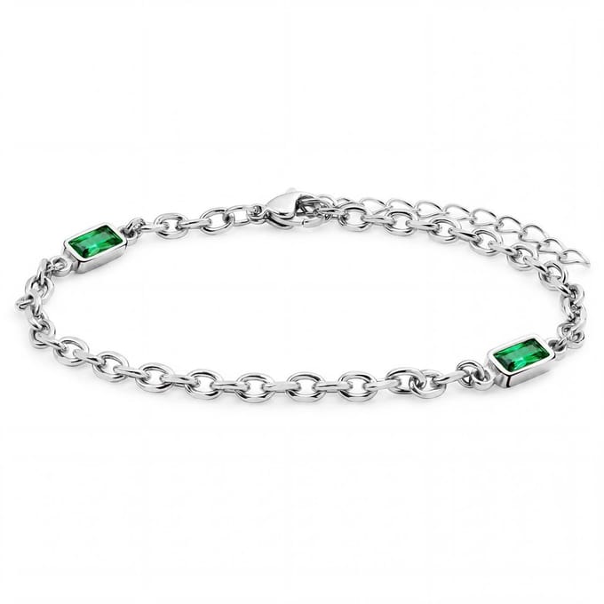 Prism | Zilverkleurige armband met smaragdgroene stenen van kristalglas en 2 schakels