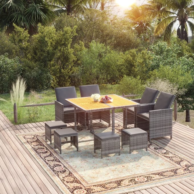 vidaXL - 9-delige - Tuinset - met - kussens - poly - rattan - grijs