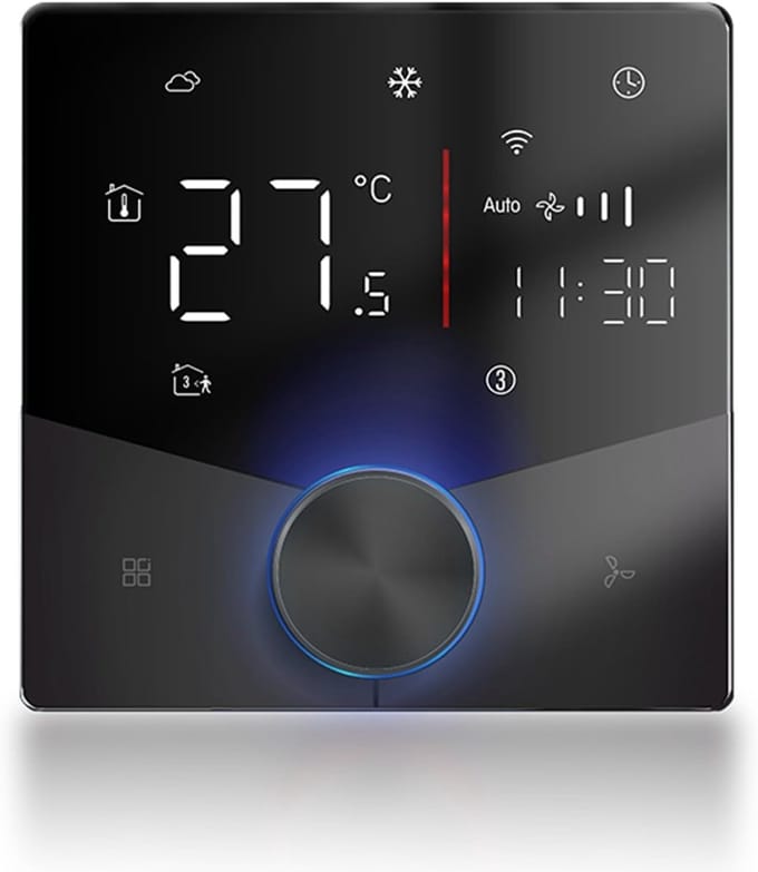 Slimme Thermostaat - Klimaatregelaar Temperatuurcontroller - Energiebesparing Thuis - 8 Lichteffecten Knop - 12.4 mm Dikte - Zwart