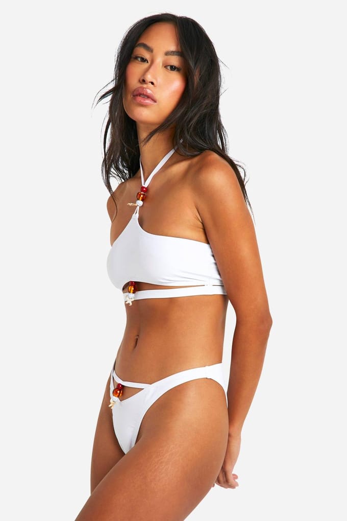 boohoo Dames Beaded Shell Trim Hipster Bikini Brief | Wit | Maat: 36