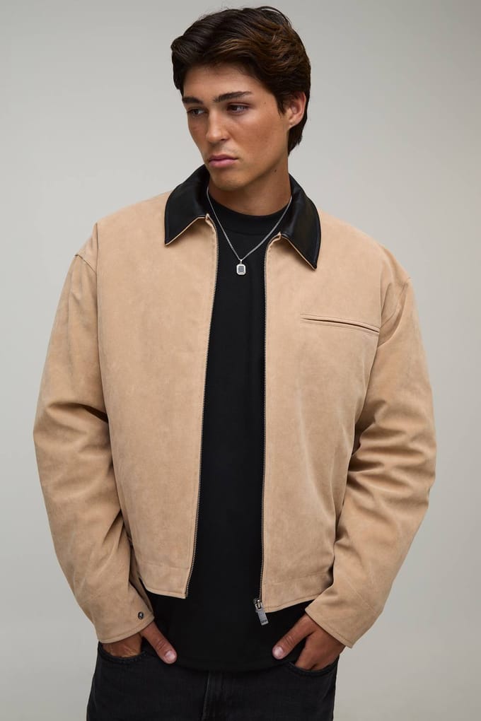 Oversized Boxy Harrington Jas Van Imitatiesuède Met Contrasterende Kraag | Stone | Size Medium