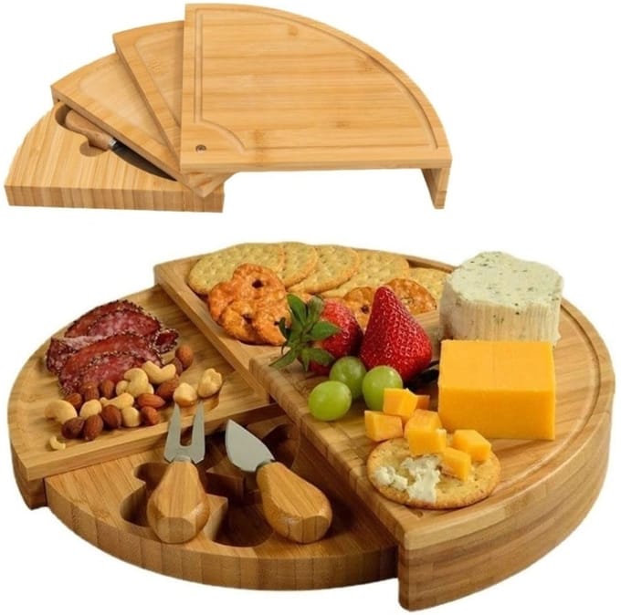 Famanu - Tapasplank van bamboe met 4 lagen, inclusief 2 kaasmessen, ideaal als borrelplank – Natuur