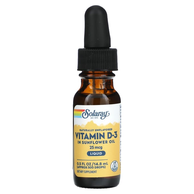 Vitamine D-3 in zonnebloemolie, natuurlijk en ongezoet, 25 mcg, 14,8 ml(0,5 fl oz)
