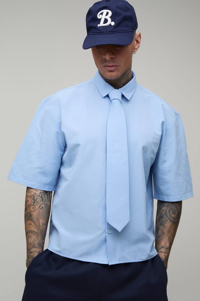 Oversized Boxy Shirt Met Halve Mouw En Stropdas | Blue | Size Large