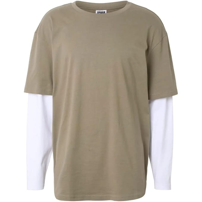 Urban Classics - Oversized Shaped Double Layer Longsleeve shirt - S - Olijfgroen/Wit