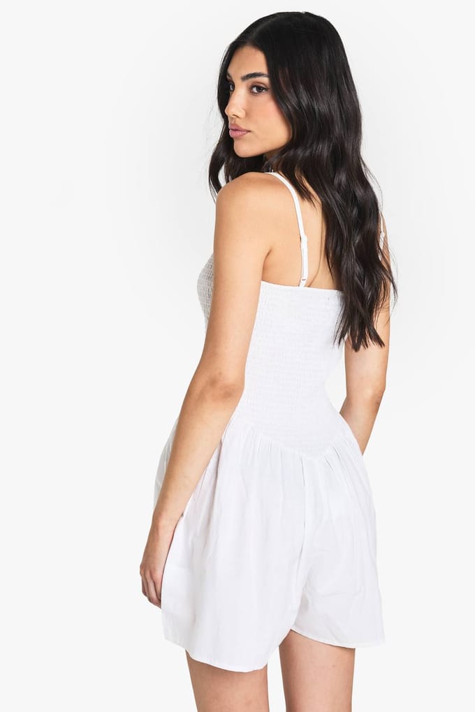 boohoo Dames Katoenen geraffelde Flippy Playsuit | Wit | Maat: 38
