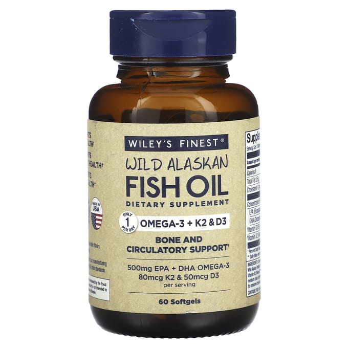 Wiley's Finest, Wilde Alaskaanse Visolie, Omega3 + K2 & D3, 60 Vis Softgels