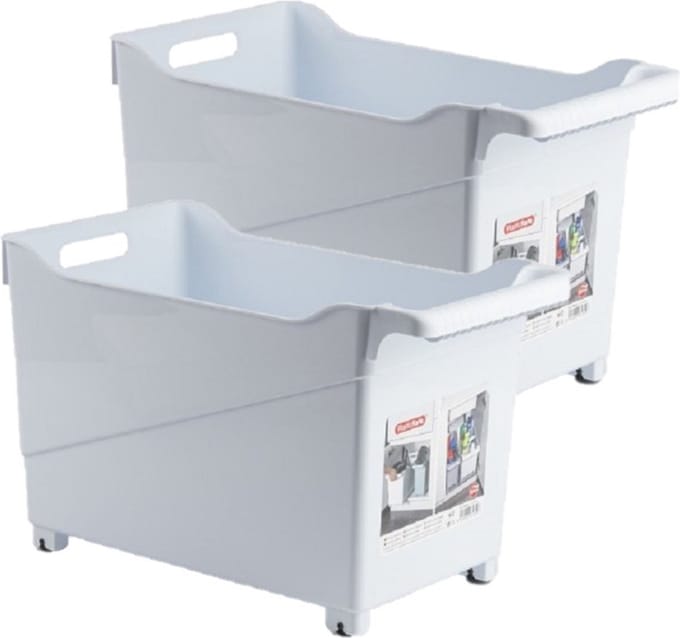 Plasticforte Opbergbox - Set van 2x stuks - wit - 45 x 24 cm - kunststof - op wieltjes