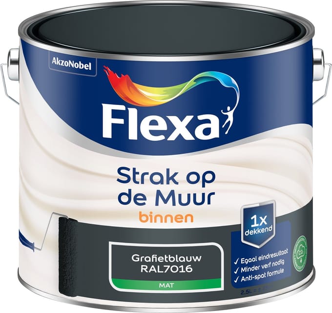 Flexa Strak Op De Muur Muurverf - Mat - Grafietblauw / Ral 7016 - 2,5l