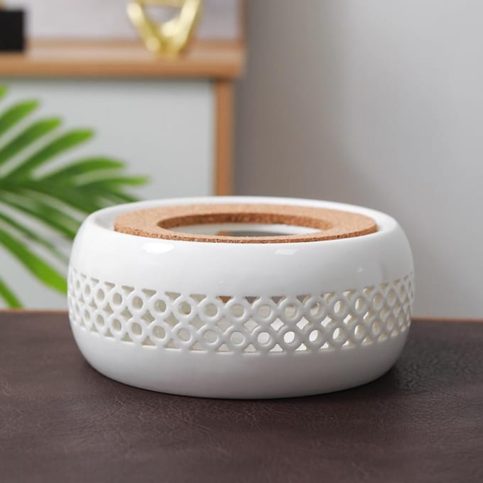 Theepotwarmer Porselein Koffiepotverwarmer Theepotbasis met Kurkonderzetter Thee Koffie Waterwarmer white