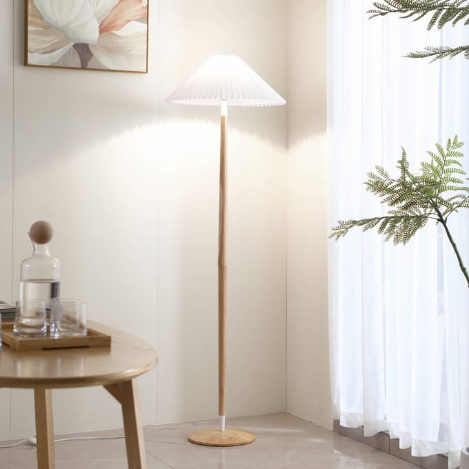 Lucande Ellorin vloerlamp, wit, hout, Ø 47,5 cm, E27