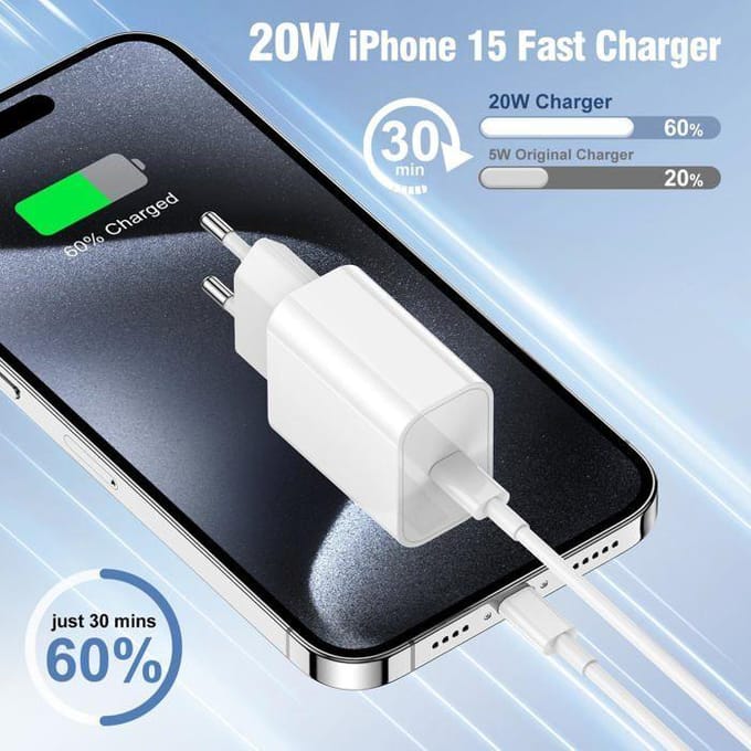Chargeur Rapide - Apple - iPhone 16 - 20W - USB-C - Câble 2m