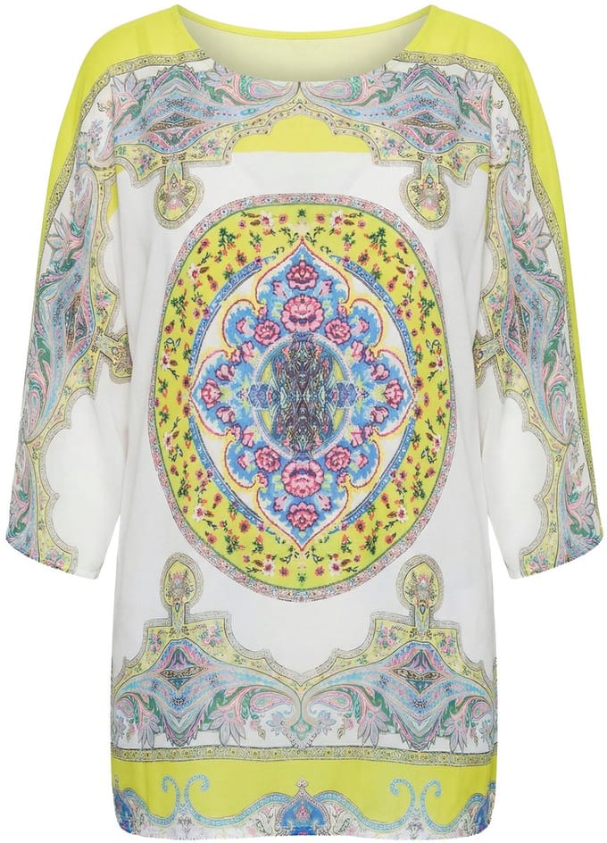 MIAMODA - Dames - overhemdblouse allover patroon met glittersteentjes - Citroengeel - Maat 48