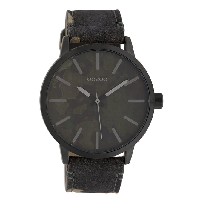 OOZOO Timepieces - Zwarte horloge met camouflage leren band - C10004