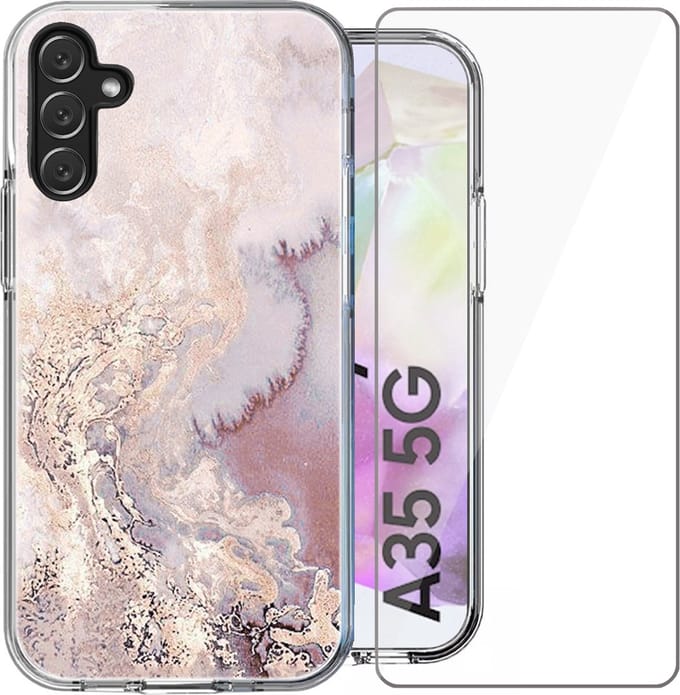 Hoesje geschikt voor Samsung Galaxy A35 - Screen Protector Glas - Back Cover Marmer Siliconen Case Roze & Screenprotector