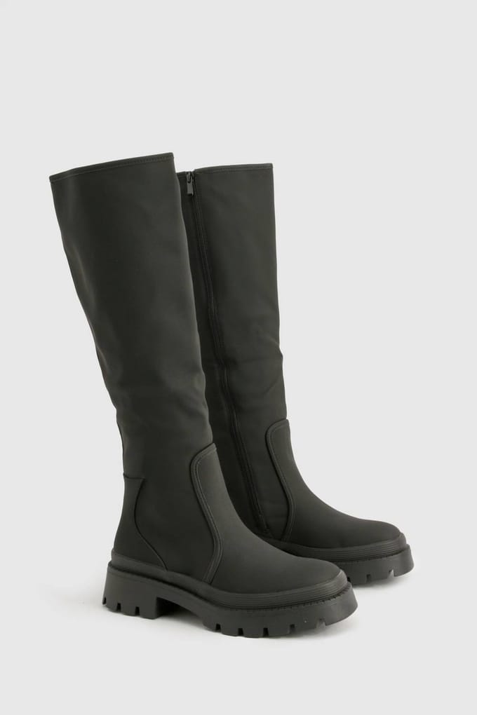boohoo Dames Rubberen kniehoge laarzen | Black | Maat: 6