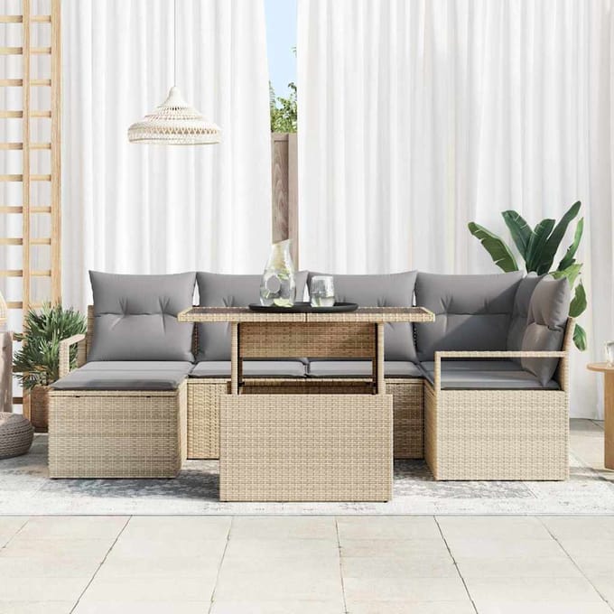 vidaXL - Tuinbank - Set - 7 - st - Beige - en - Lichtgrijs - poly - rattan