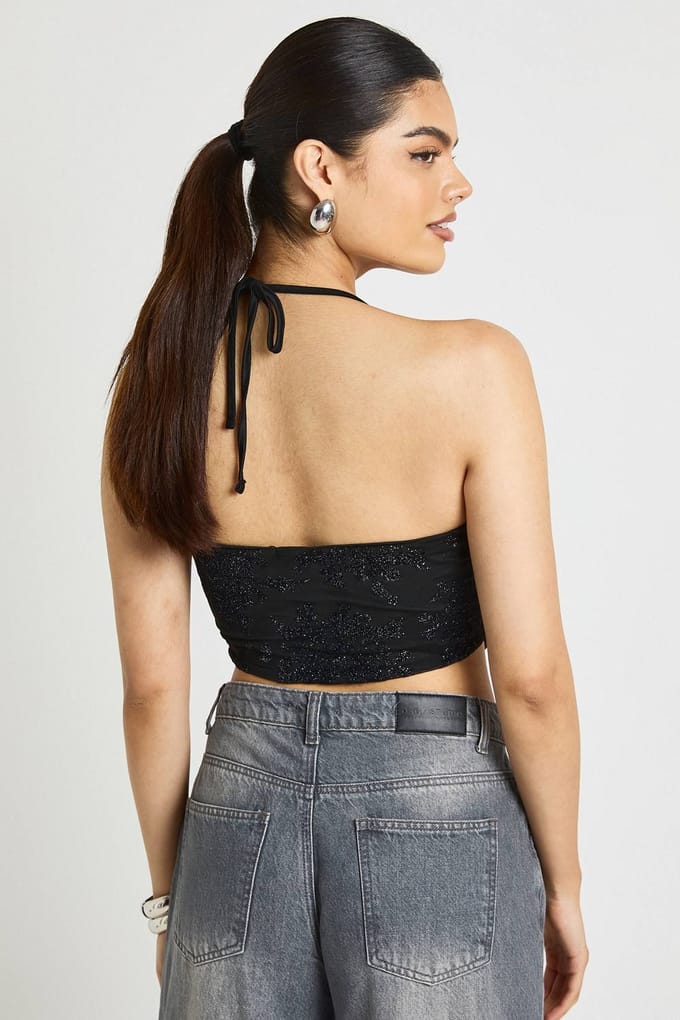 boohoo Dames Glitter Mesh Geplooid Halterneck Top | Black | Maat: 14