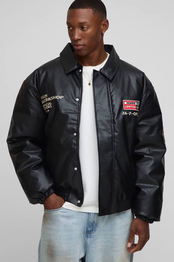 Men's Oversized Fit Badge Applique Bomberjack met kraag | Black | Size Medium