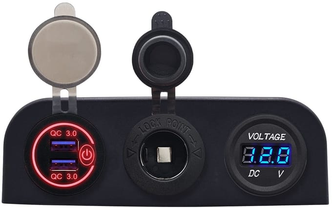 ProRide 12V USB Autolader 2 Poorten - QC3.0 - Voltmeter en 12V/24V Sigarettenplug - Drievoudig opbouw paneel