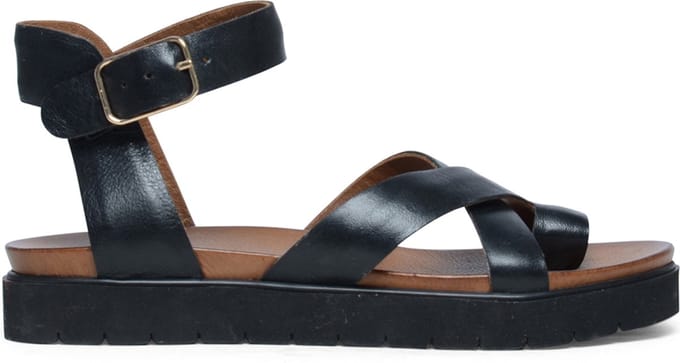 Manfield - Dames - Zwarte leren plateau sandalen met gespsluiting - Maat 41