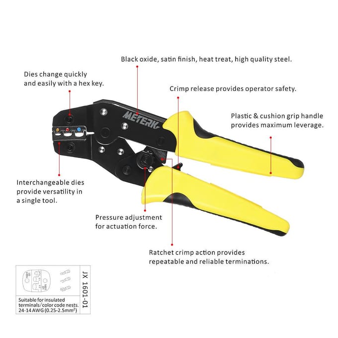 Meterk Professionele draadcrimper Engineering Ratchet Terminal Krimptang 24-14AWG(0.25-2.5mm2) yellow