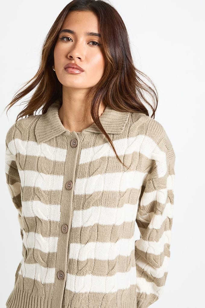 boohoo Dames Gestreepte kraaggebreide cardigan | Taupe | Maat: Medium