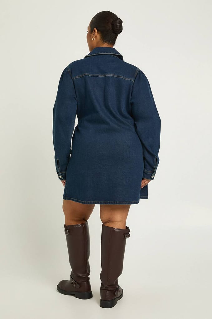 boohoo Dames Plus Denim Wikkel Jurk | Dark Indigo | Maat: 22