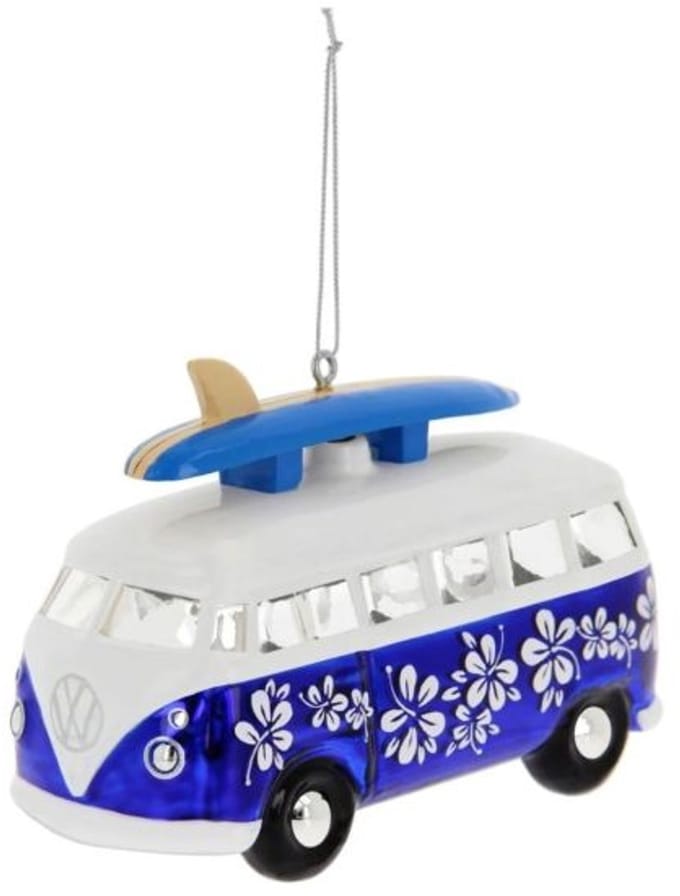 Volkswagen T1 Blauwe Bus met Surfplank - Glas Ornament