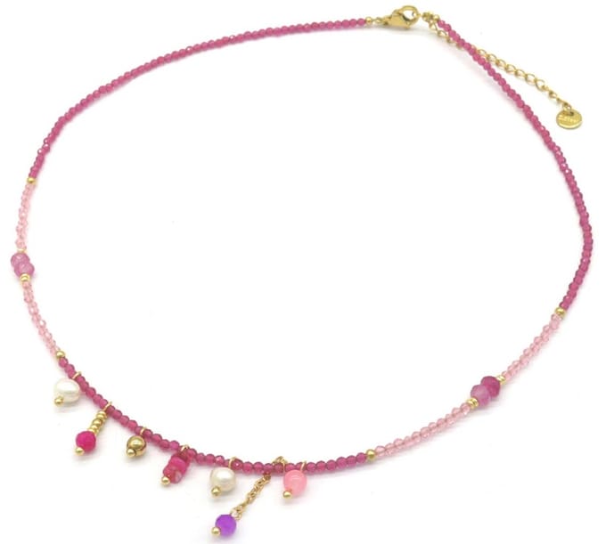 Ketting met Glaskralen - RVS - Lengte 39-44 cm - Paars