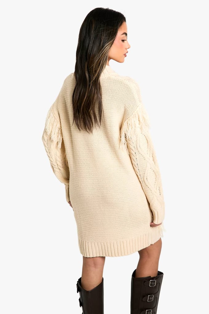 boohoo Dames Tassel Gebreide Kabel Mini Jumper Jurk | Stone | Maat: Small