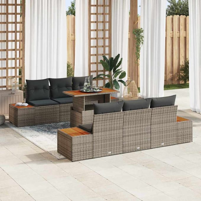vidaXL Tuin Eettafel Set met kussen 7 pcs Grijs en Bruin