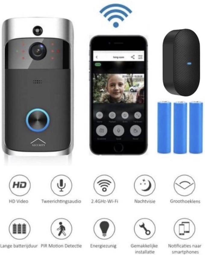 Xecurity X-One Deurbelset - HD WiFi Video Deurbel Draadloos met Camera - Silver Grey