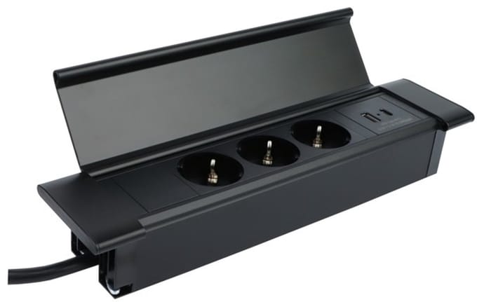 Design Light Flatbox - Stekkerdoos - 3 stopcontacten - USB A & C - Inbouw Stekkerblok met 1.8 meter kabel - Zwart