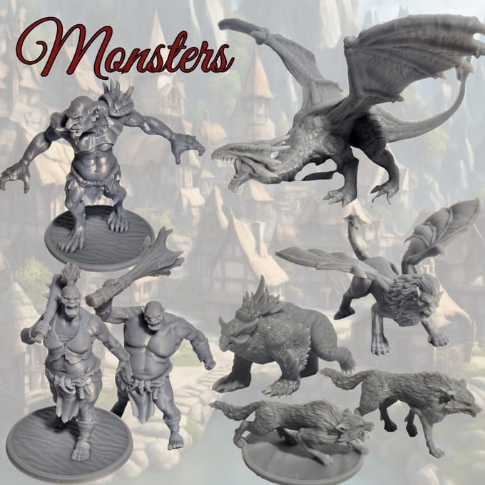 Monster bundel voortabletop gaming. Dragon, Ogres, Troll, Manticore, Owlbear, Wolves