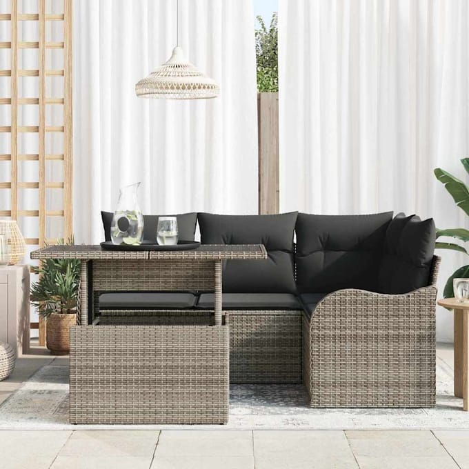 vidaXL Tuinbank Set met kussen met kussen 5 pcs Grijs Poly Riet