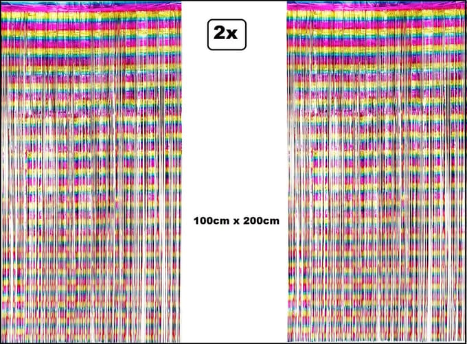 2x Foliegordijn Metallic multikleur 100cm x 200cm - Regenboog party rainbow fun themafeest