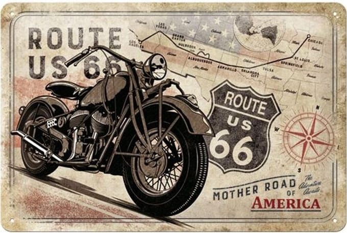 Wandbord - Route 66 motor - 20x30 cm