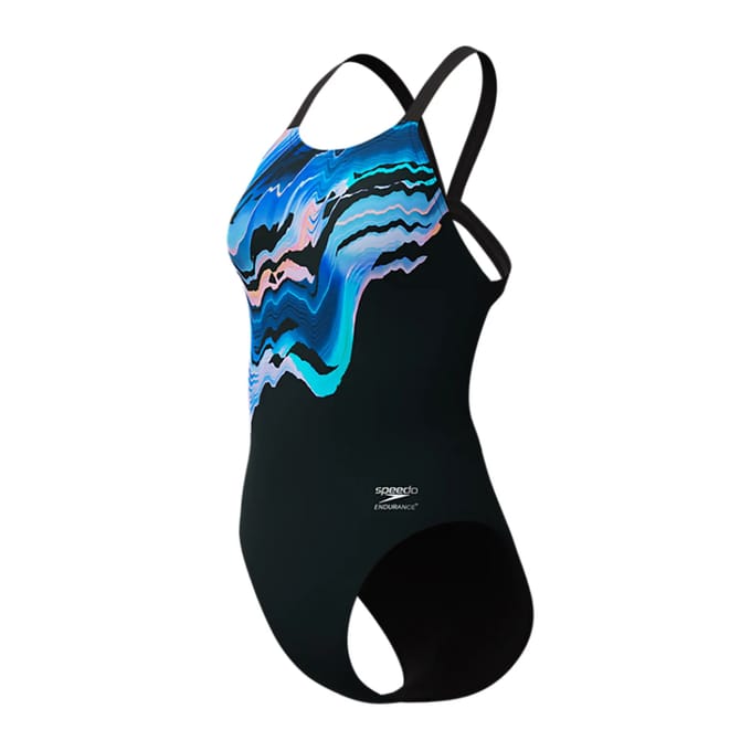 Speedo Dames Badpak Placement Printed Leaderback Zwart/Blauw