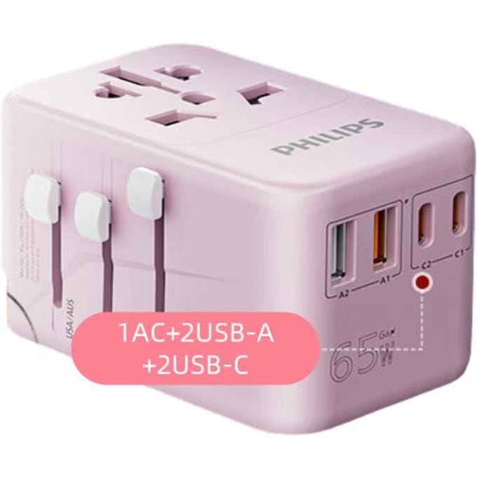 Philips 65W GaN Wereldwijde Reisadapter Meerdere poorten Uitgangsvermogen tot 70W roze