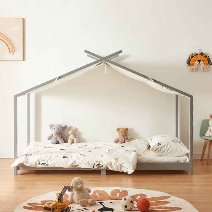 Kinderbed Brome huisbed 90x200 cm grijs en wit [en.casa]