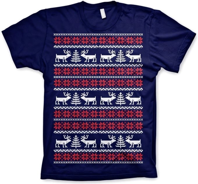 Heren Tshirt -L- Christmas Knit Pattern Blauw