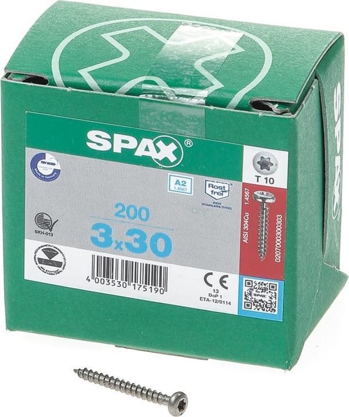 Spax - Spaanplaatschroeven - Torx 10 Bolkop - 3,0 x 30mm - Voldraad - RVS (200 stuks)