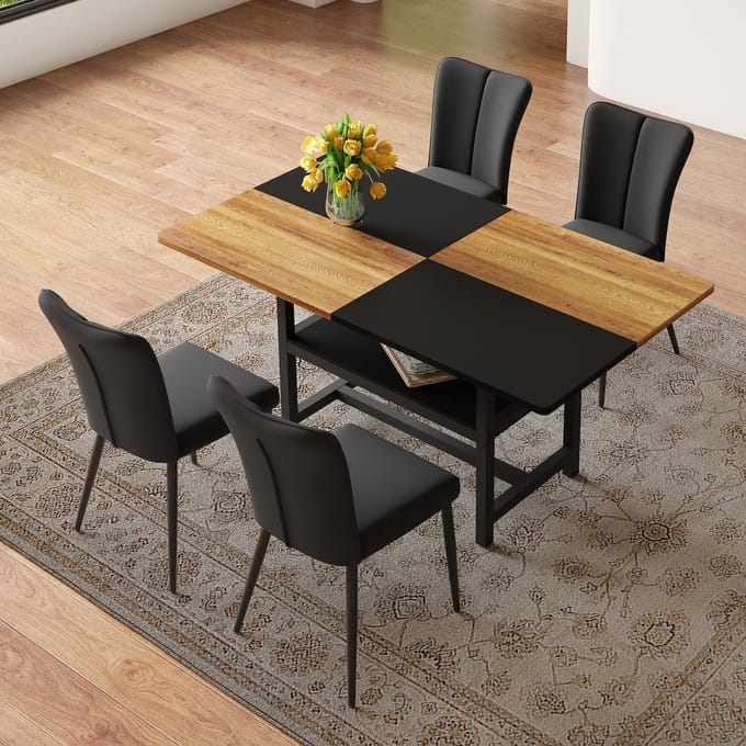 MODFU - Eethoekset - Met Opbergruimte En 4 Stoelen - Modern - Voor Eetkamer - MDF En Metaal - Bruin En Zwart - 160 Cm