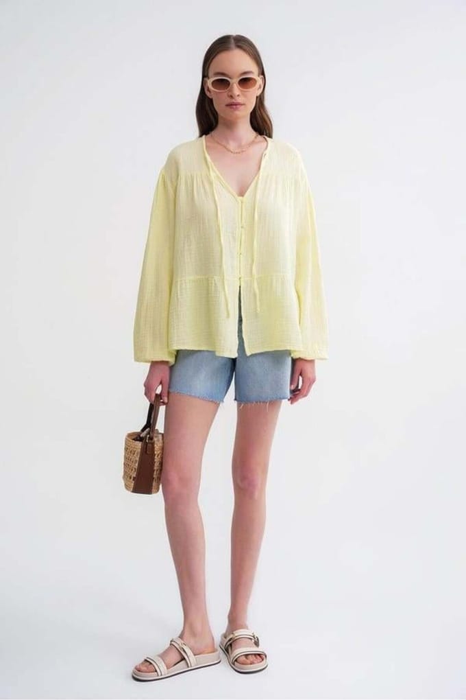 Lange Mouwen Losse Blouse met Strikhals
