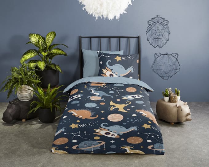 Pure dekbedovertrek dinosaurssen in de ruimte - 1 persoons 140x200/220 cm - Blauw - Microvezel