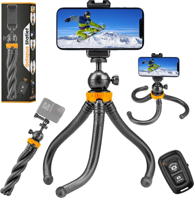 Studio ME Telefoon Statief - 25 cm - Tripod Smartphone - Flexibel - Camera Statief - Zwart - Gorillapod - Telefoonhouder - Incl. Bluetooth Afstandsbediening - Tripod Iphone - Statief Telefoon