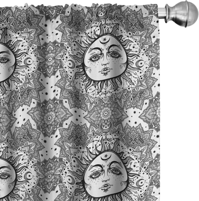 ABAKUHAUS Astrologie Raamgordijnen, Bloemen Mandala Boho, Lichtgewicht decoratieve 2-delige set met roedezak, 2 stuks 75 cm B x 225 cm L, Wit zwart