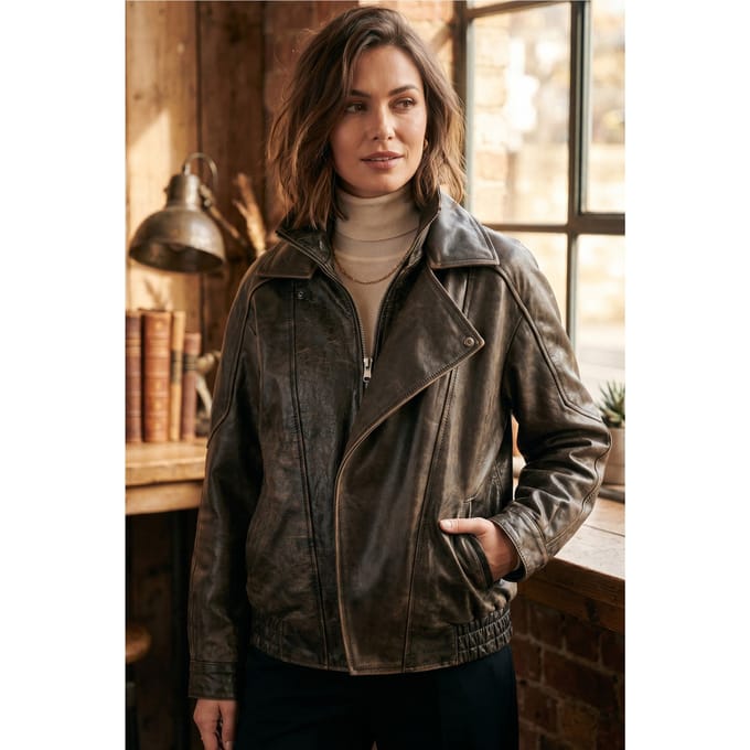 Dames bruine koeienleer Big Bomber Biker Blouson Oversized Jas - Bloom