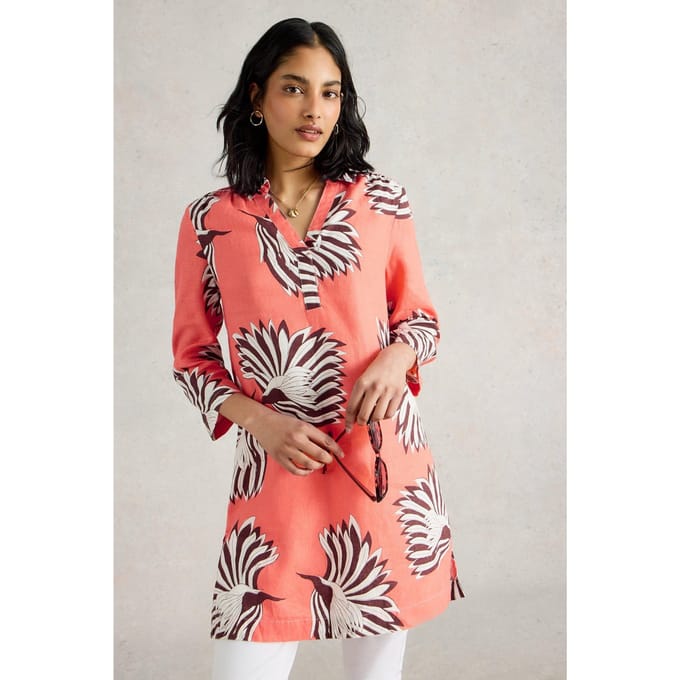 White Stuff Blake Linen Tunic Pink Print Größe: 8 REGULAR | Longsleeves Outlet | Damen | Weiß